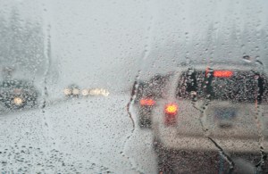 Winter traffic jam seen through a windshield